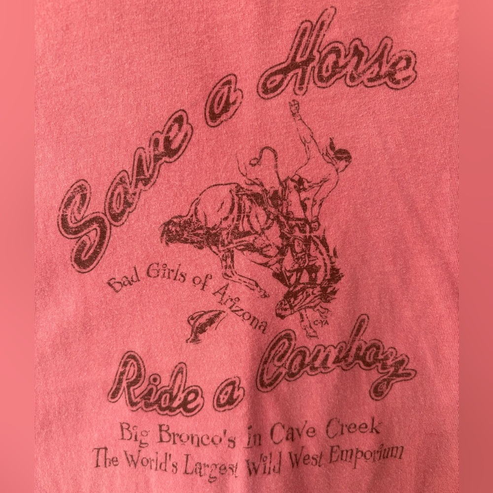 “Save a horse, ride a cowboy” Pink/Peach Graphic Tee with Western Print - Picture 2 of 8